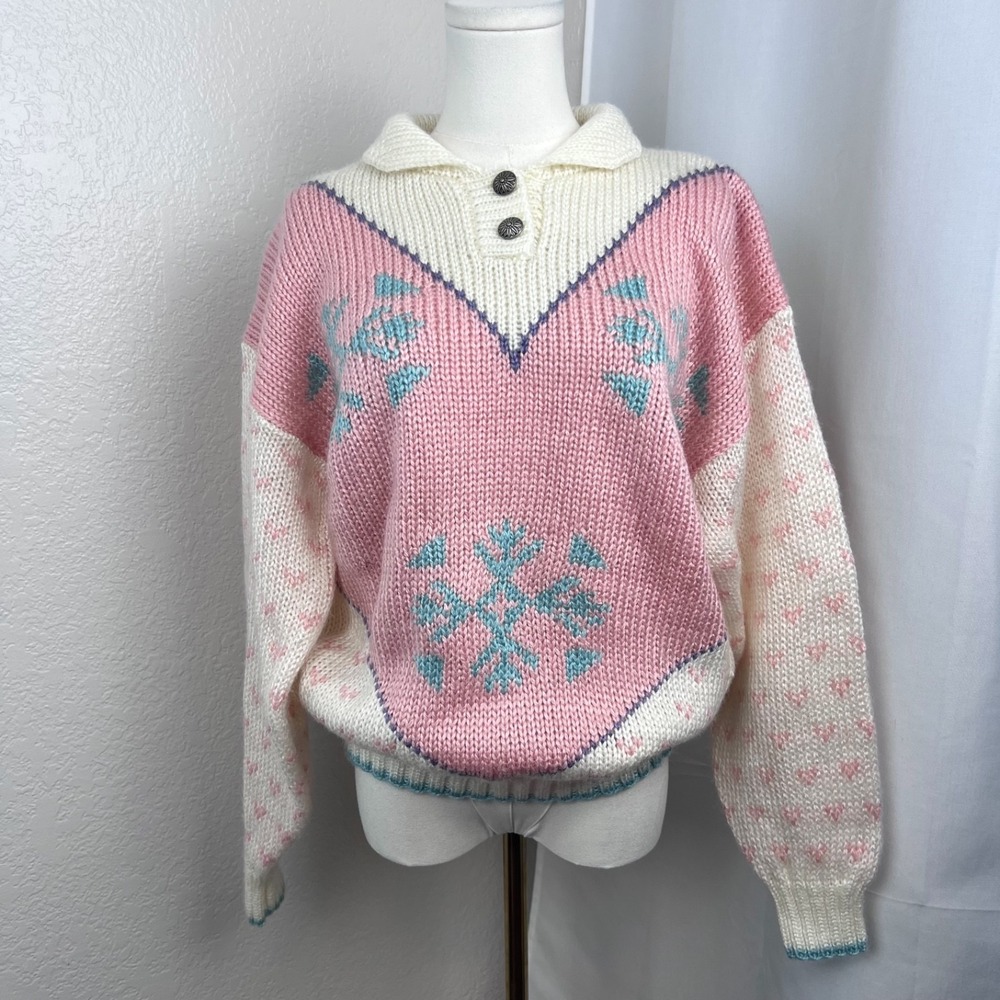 Vintage Snowflake Nordic Sweater Womens Medium Pastel Cottagecore Grandma 80s‎